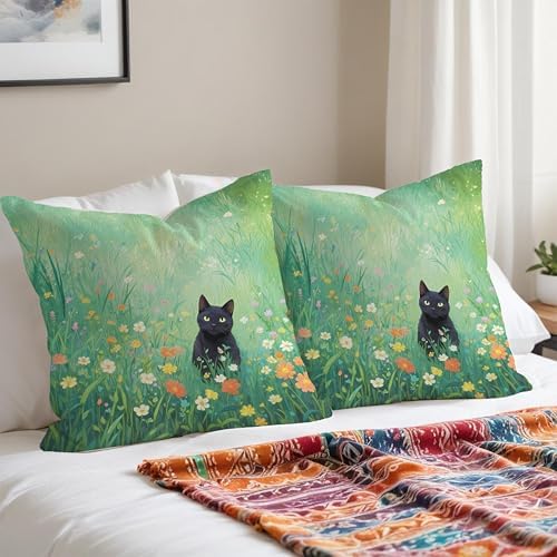 Floral Black Cat Pillow Covers 18x18, Cats Lovers Lady Gifts, Cat Gifts - Image 3