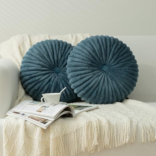 HIG Set of 2 Dusty Blue Flannel Decorative Round Pleated Throw Pillows by HIG