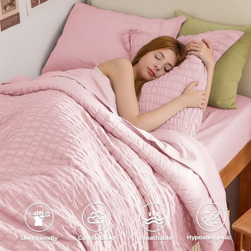 HYMOKEGE Pink Twin Comforter Set Seersucker 5 Pieces, All Season Luxury Bed in - Image 2