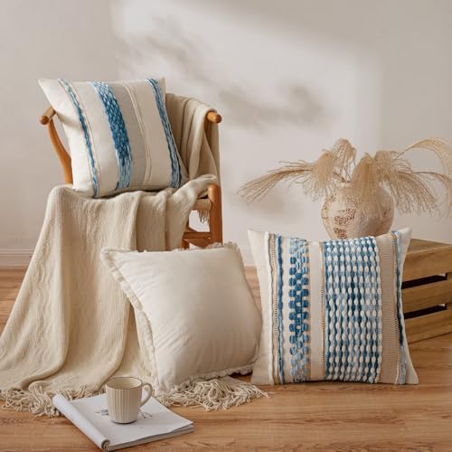 ANRODUO Boho Decorative Throw Pillow Covers Sky Blue Stripe 18x18 Pack of 2 - Image 2