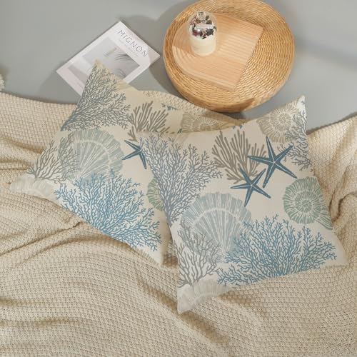 Nautical Coastal Pillow Covers 20x20 Set of 2 Blue Beach Themed Ocean Seashell - Image 6