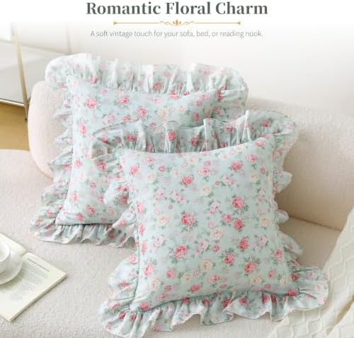 Floral Throw Pillow Covers 18x18, Mint Green, Ruffle Trim, 2 Pack - Image 2