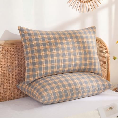 Merryword 100% Cotton Pillow Cases, Queen Size, Washed Cotton Deep Blue Plaid - Image 2