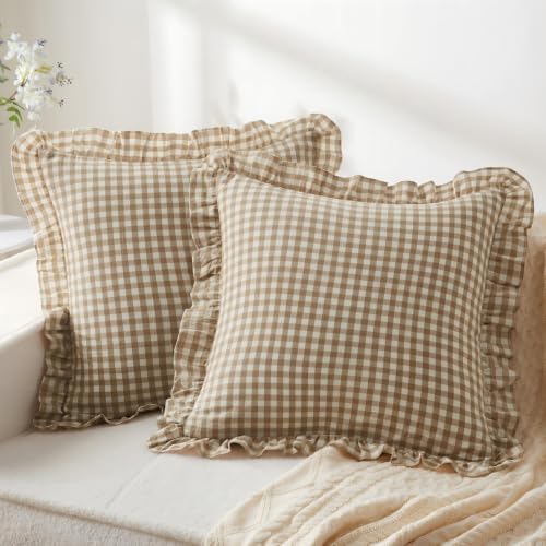 KKJIAF 2 Pcs Ruffle Gingham Pillow Covers 20" x 20", Taupe/White Plaid by KKJIAF