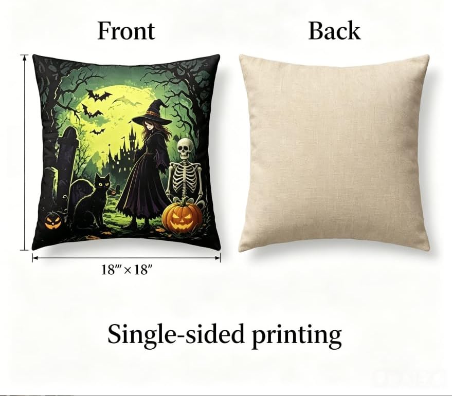 Halloween Throw Pillow Covers, Witch and Skeleton Design, 18x18 Inch, Machine - Image 3