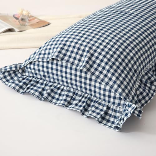 Silnuo Navy Blue/White Gingham Plaid Ruffled Body Pillow Cover 20"x54" - Image 4