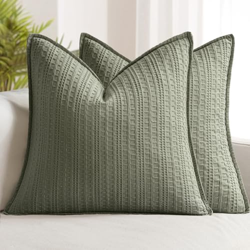 Decorative Waffle Euro Sham Pillow Covers 24x24 Olive Green 2 Pack by Woaboy