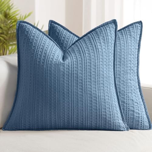 Decorative Waffle Throw Pillow Covers 18x18 Blue 2 Pack by Woaboy