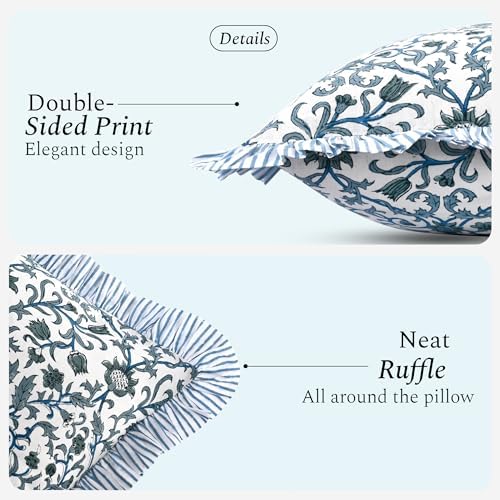 CPC Ocean Vine Hand Block Print 100% Cotton Ruffle Throw Pillow Cover 20x20 inch - Image 2