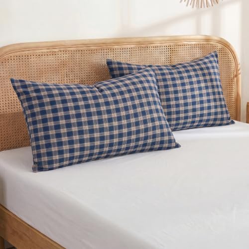 Merryword 100% Cotton Pillow Cases, Queen Size, Washed Cotton Deep Blue Plaid - Image 3