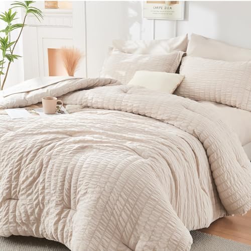 HYMOKEGE Beige California King Comforter Set Seersucker 7 Pieces, All Season by HYMOKEGE