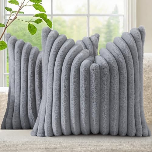 decorUhome Fall Faux Fur Throw Pillow Covers 18x18 Set of 2 Grey by decorUhome