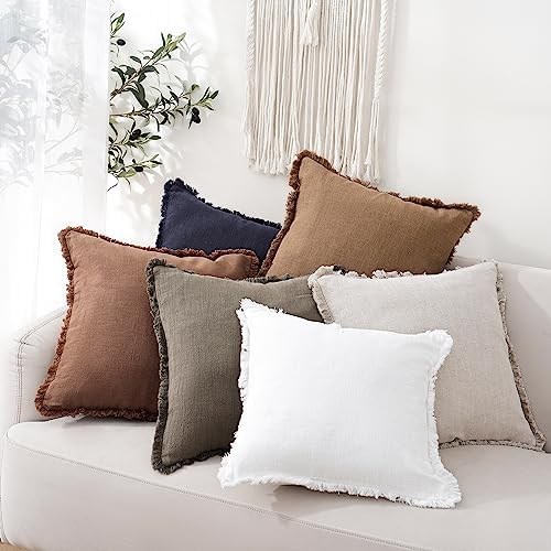 Foindtower Decorative Linen Fringe Throw Pillow Covers 22×22 Khaki Brown - Image 6
