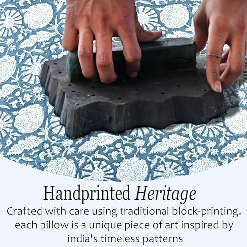 CPC Block Print Blue Meadow Ruffle Cotton Lumbar Pillow Cover 12x20 inch - Image 3