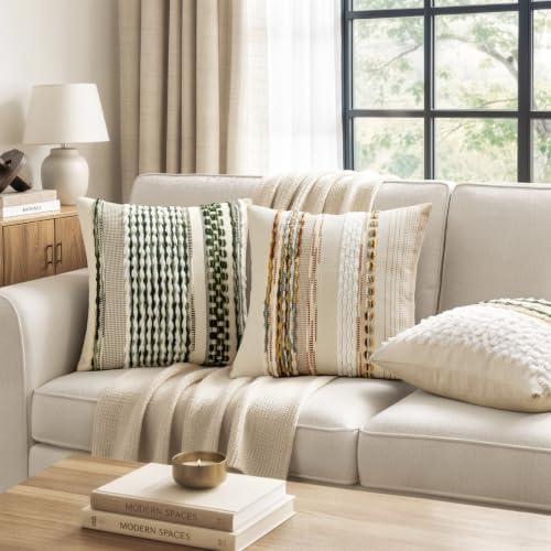 ANRODUO Boho Decorative Pillow Covers Plush Olive Green 20x20 Pack of 2 - Image 2