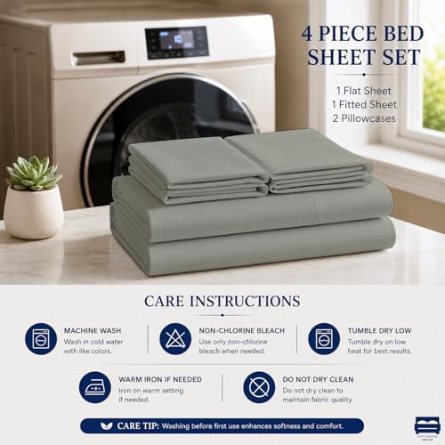 Cottingon 4 Piece Twin Sheets Fits 16" Deep, Egyptian Cotton, Light Grey - Image 5