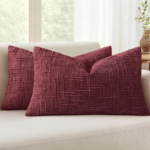 MIULEE Chenille Textured Lumbar Throw Pillow Covers Burgundy 12x20 by MIULEE