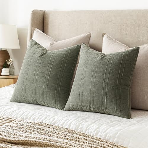MIULEE Linen Plaid Pillow Covers Decorative Euro 22x22 Olive Green - Image 3