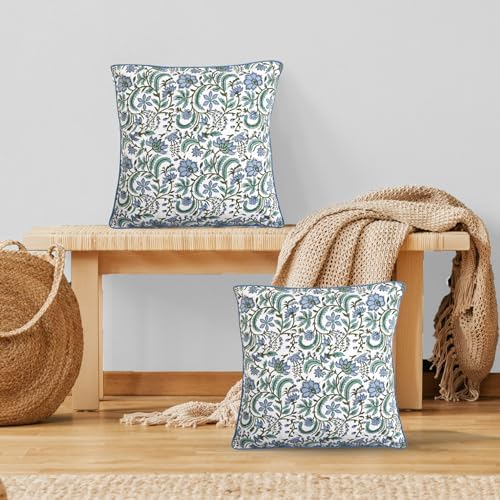 Ridhi Block Print Columbia Blue Cotton Pillow Cover 24" x 24" Set of 2 - Image 2