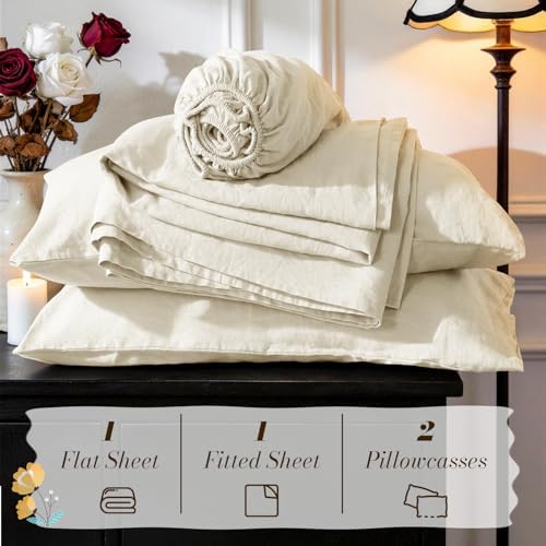 SONORO KATE 100% French Linen Twin XL Size Sheets Set, Natural Flax Bedding - Image 7