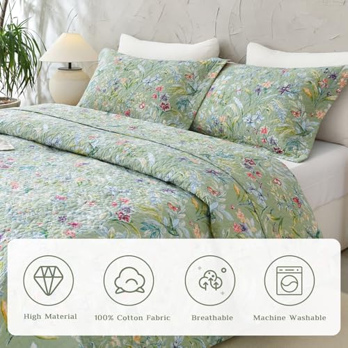 Lady Ann Cotton Quilted Pillow Shams 20x36, Bird Butterfly & Green Floral - Image 4