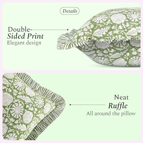 CPC Olive Bloom Hand Block Print 100% Cotton Ruffle Throw Pillow Cover 18x18 - Image 2