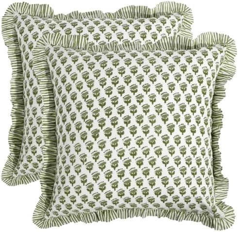 CPC Block Print Ruffle Throw Pillow Cover Emerald Green 18"x18" by COTTONPRINTCLUB