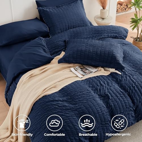 HYMOKEGE Navy Blue Oversized King Comforter Set Seersucker 7 Pieces, All Season - Image 3