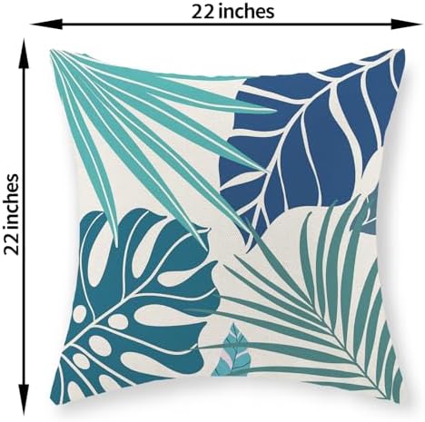 Tropical Pillow Covers 22x22 Set of 2 Navy Blue Aqua Teal Monstera Palm Leaf - Image 2