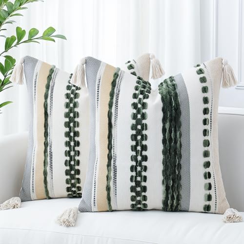 PANOD Chenille Farmhouse Throw Pillow Covers 18 x 18 Dark Green, Neutral Boucle by PANOD
