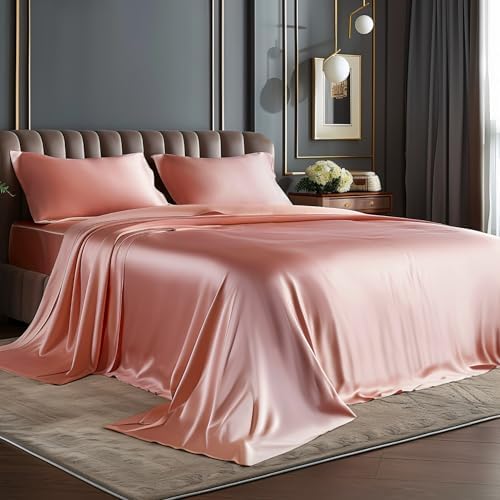 BEDELITE Satin Sheets King Size Bed Set, Rose Pink, 4 Pieces by BEDELITE