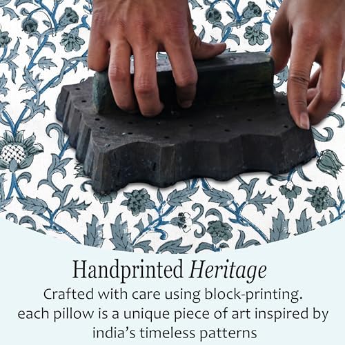 CPC Ocean Vine Hand Block Print 100% Cotton Ruffle Throw Pillow Cover 20x20 inch - Image 3