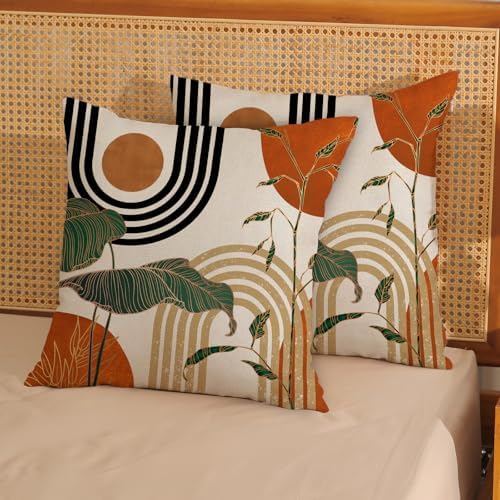 Boho Orange Pillow Covers 18x18 Set of 2 Green Gold Leaf Tropical Mid Century - Image 3