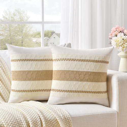 Fancy Homi Set of 2 Tan Neutral Decorative Throw Pillow Cover 18x18 Inch by Fancy+Homi