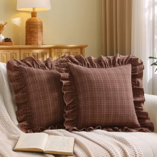 Gingham Throw Pillow Covers 20x20, Rust Red & Brown Plaid by Jilboo
