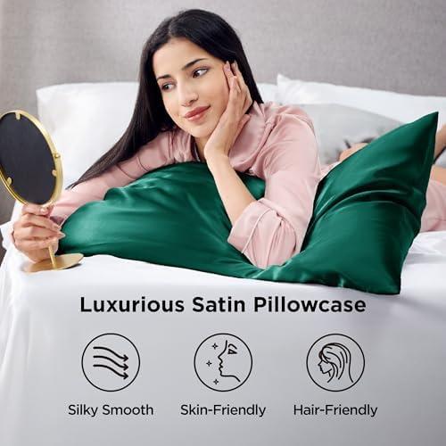 Bedsure Satin Pillowcases Standard Set of 2, Silky Pillow Cases, Dark Green - Image 2