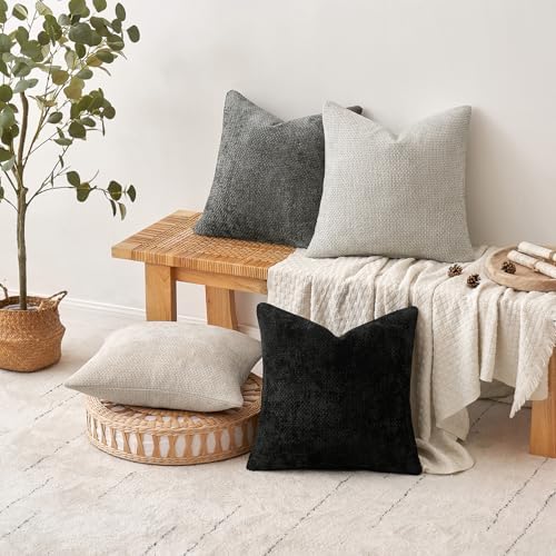 MIULEE Soft Decorative Chenille Pillow Covers Cream Grey 18x18 Pack of 4 - Image 5