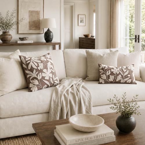 BlissBlush Decorative Lumbar Pillow Cover 12x20 Inch, Taupe Brown Floral Tufted - Image 3