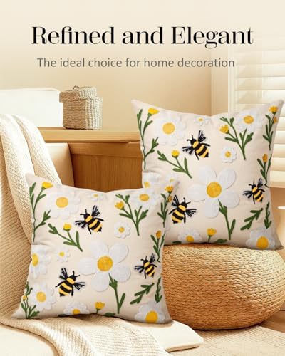 Embroidered Throw Pillow Covers 18x18 Inch, Flower Bee - Image 5