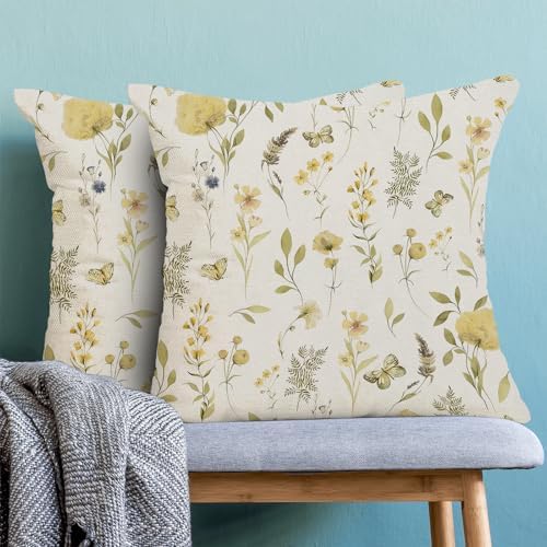 Spring Pillow Covers 20x20 Inch Set of 2, Mustard Yellow Green Wild Flower - Image 2