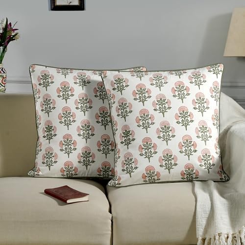 Ridhi Block Print Mughal Buta Peach Pillow Cover 18" x 18" Decorative Couch - Image 2