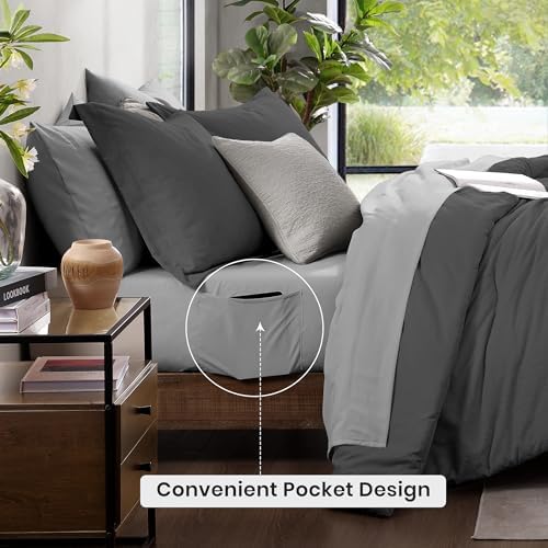 Monbix Queen Comforter Set 7 Pieces Dark Grey Cationic Dyeing Bed in a Bag - Image 4