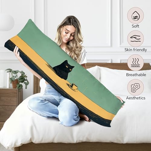 Black Cat 20x54 Body Pillow Cover, Aesthetic Black Cat Art Painting Long Body - Image 3