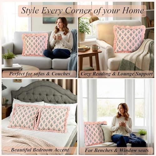Ridhi Salmon Blossom Block Print Ruffle Pillow Covers 16x16 Inch Set of 2 - Image 5