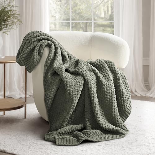 EVERGRACEHOME Chunky Chenille Knit Throw Blanket, Dried Thyme Green by EVERGRACE