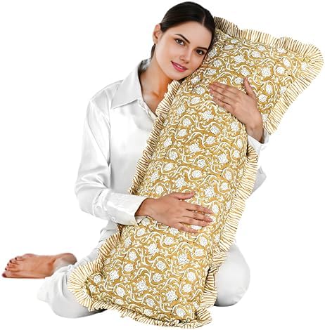 CPC Block Print Mustard Regal Ruffle Cotton Lumbar Pillow Cover 14x36 inch - Image 5