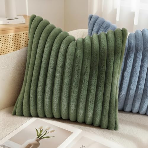 decorUhome Fall Faux Fur Throw Pillow Covers 26x26 Set of 2 Olive Green - Image 6