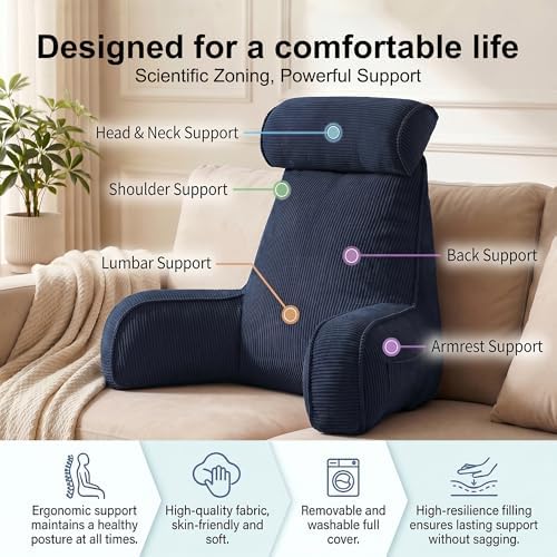 Bed Rest Reading Pillow with Arms & Detachable Headrest, Corduroy Backrest - Image 3