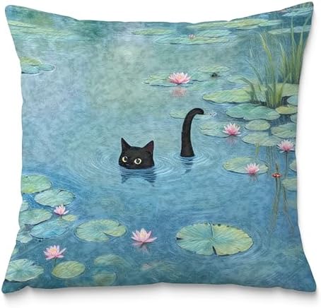 Black Cat Art Painting Throw Pillow Covers 18x18, Aesthetic Black Cat Decor by Fuasei
