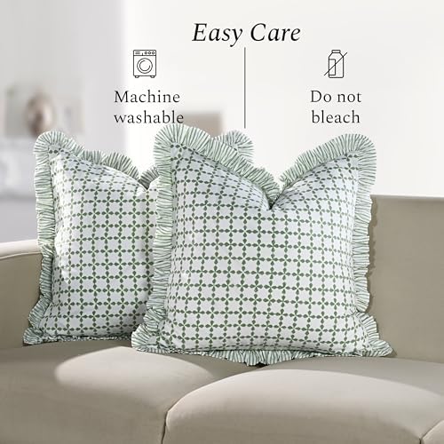 CPC Kelly Green Hand Block Print 100% Cotton Ruffle Throw Pillow Cover 20x20 - Image 6